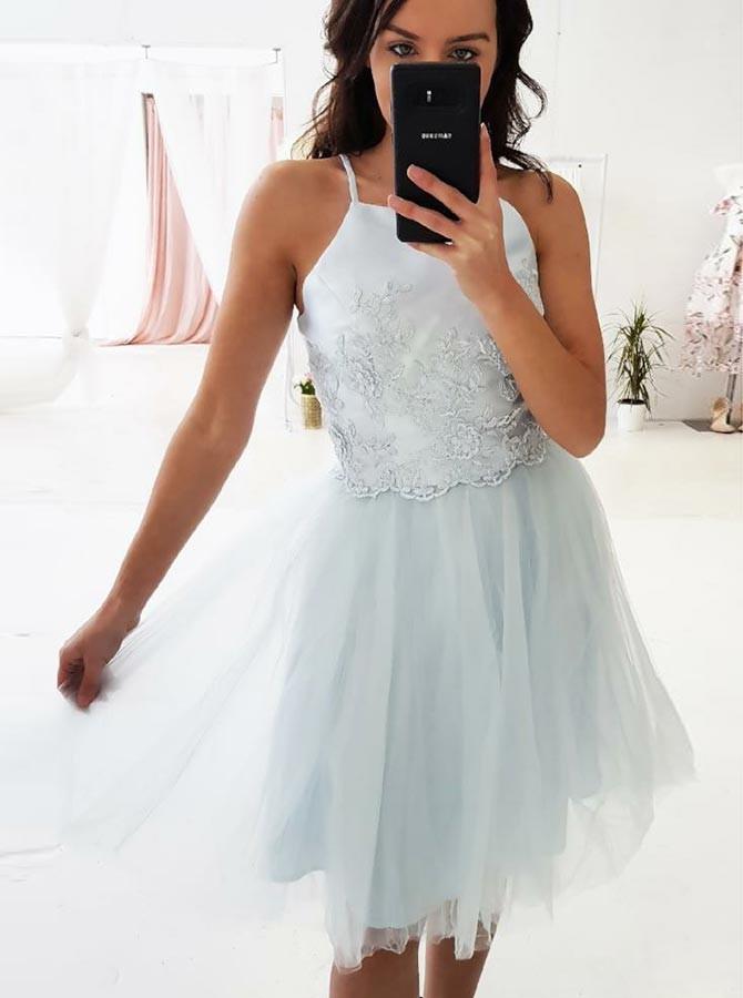 a line spaghetti straps appliques homecoming dresses with tulle skirt