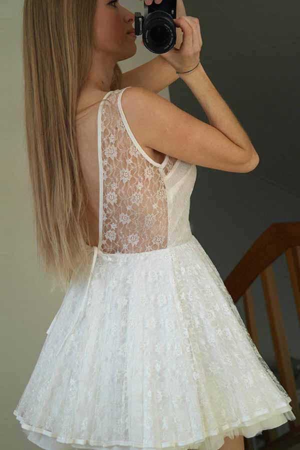a line illusion bateau lace short prom homecoming dress with v back
