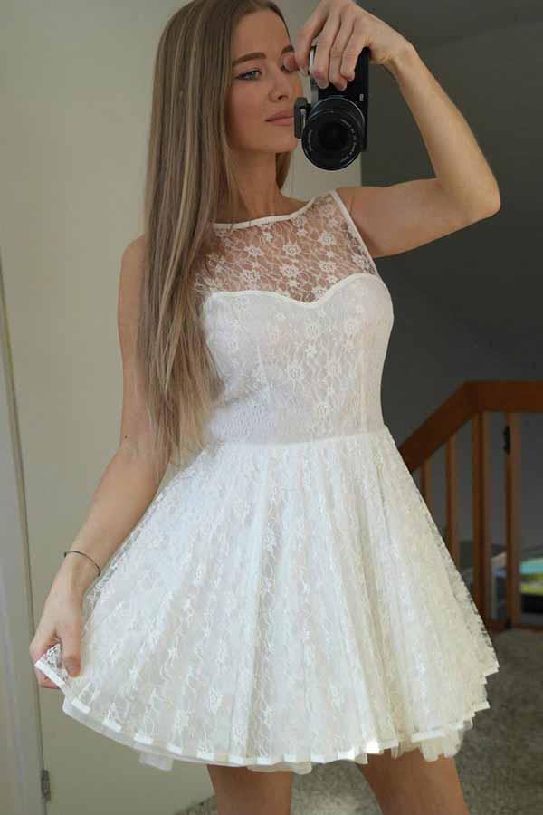 a line illusion bateau lace short prom homecoming dress with v back