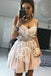 a line v neck pearl pink spaghetti homecoming dresses with handmade flowers