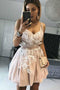 A-line V-neck Pearl Pink Spaghetti Homecoming Dresses with Handmade Flowers GM172