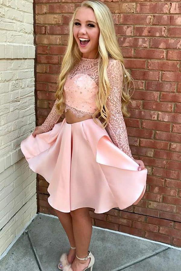 two piece pink short prom dress lace bodice long sleeve homecoming dresses