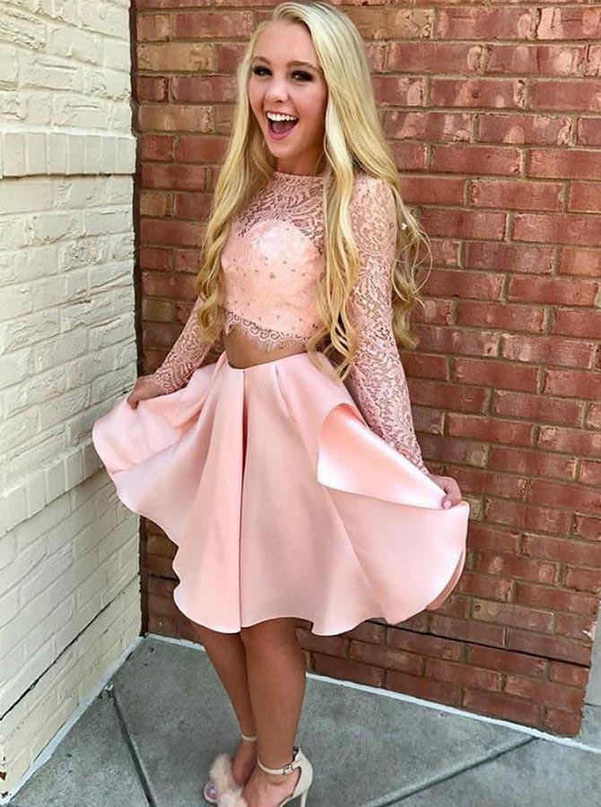 Two Piece Pink Short Prom Dress Lace Bodice Long Sleeve Homecoming Dresses GM171