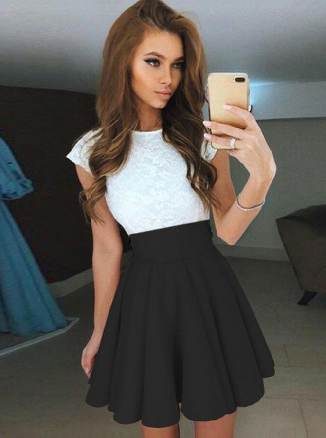 lace party cocktail mini dresses cap sleeves prom dresses