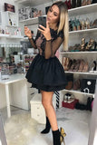 Long Sleeve Appliques Bodice Satin Black Short Party Dress with Tiered Skirt GM168