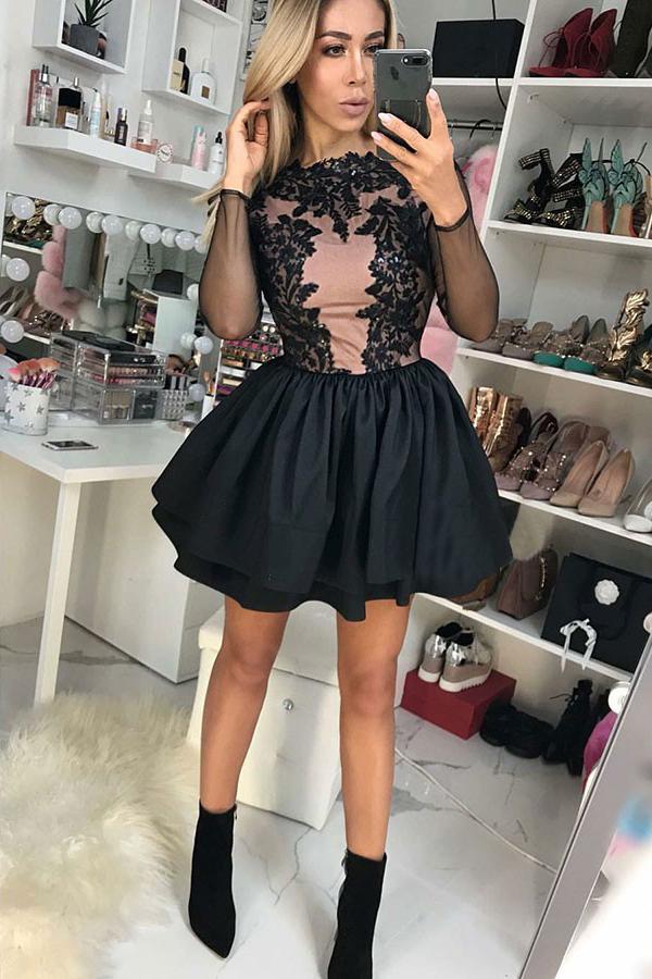 long sleeve appliques bodice satin black short party dress with tiered skirt