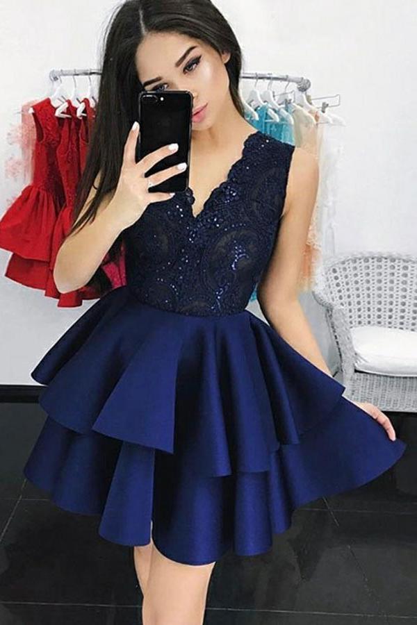 navy blue v neck sequins lace homecoming dress with tiered skirt