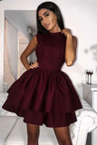 High Neck Burgundy Short Prom Homecoming Dresses With Tiered Skirt GM161