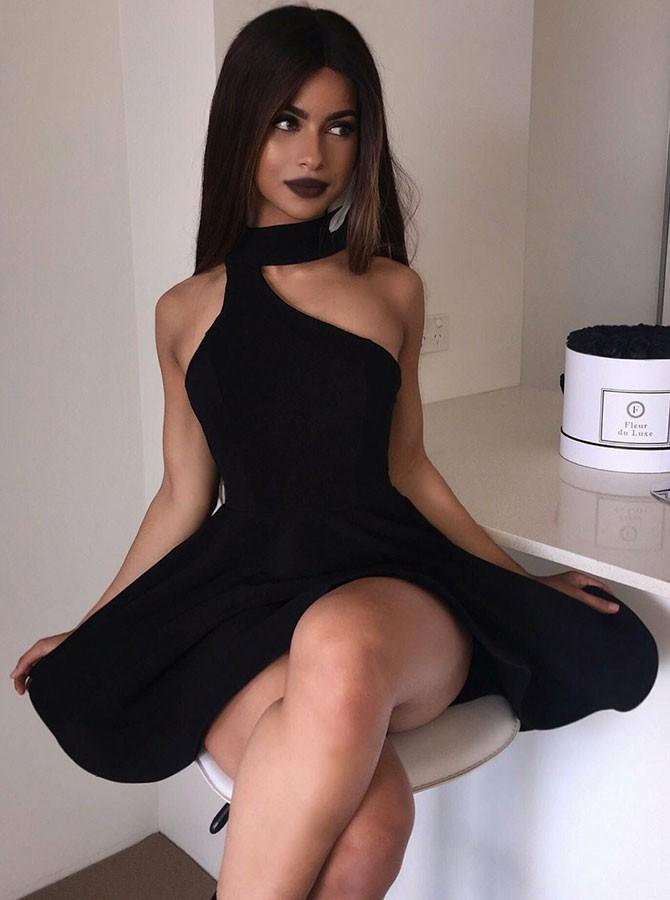 High Neck Black Short Homecoming Dresses, Simple Black Cocktail Party Dress GM160