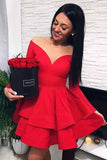 off shoulder sheer neck tiered red long sleeves satin short prom dress