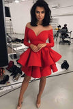 off shoulder sheer neck tiered red long sleeves satin short prom dress