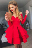 off shoulder sheer neck tiered red long sleeves satin short prom dress