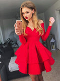 off shoulder sheer neck tiered red long sleeves satin short prom dress