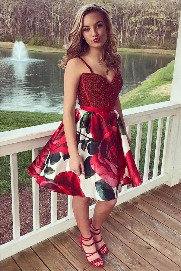 Spaghetti Short Prom Dresses with Floral Print Beading Homecoming Dress GM159