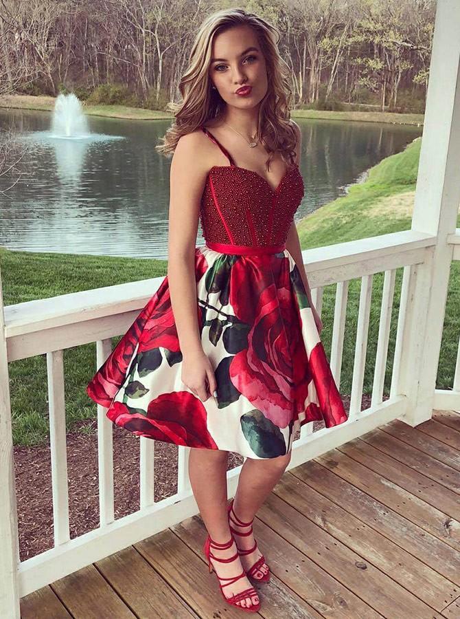 spaghetti short prom dresses with floral print beading homecoming dress