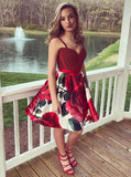 Spaghetti Short Prom Dresses with Floral Print Beading Homecoming Dress GM159