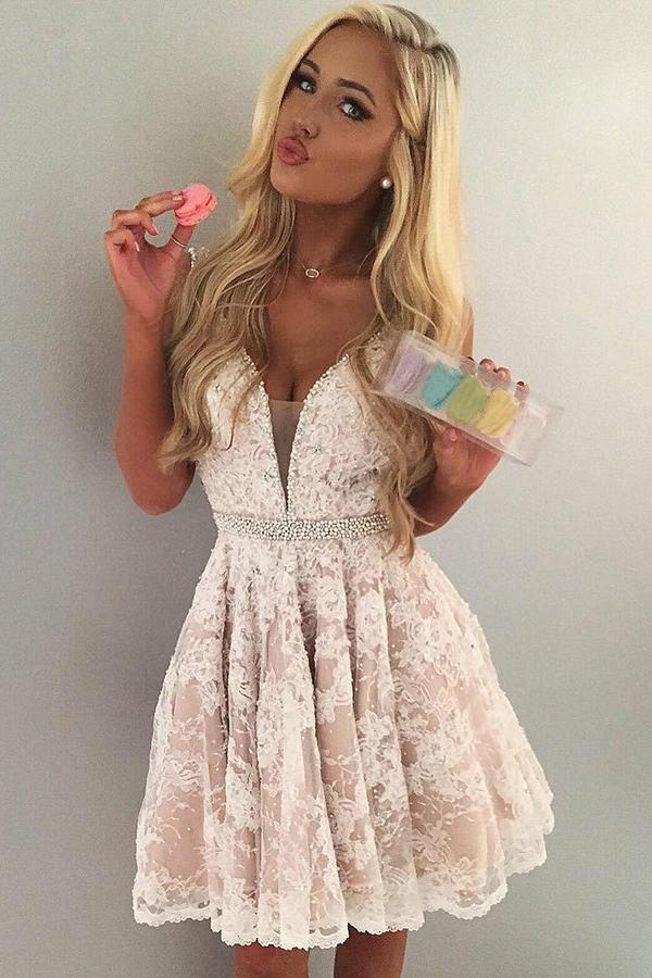 lace short prom dresses v neck pleat homecoming dress with beading