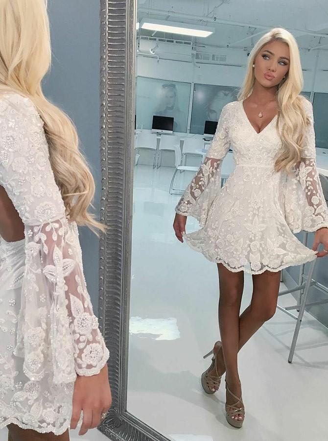 a line ivory lace beading short homecoming dress with long bell sleeves
