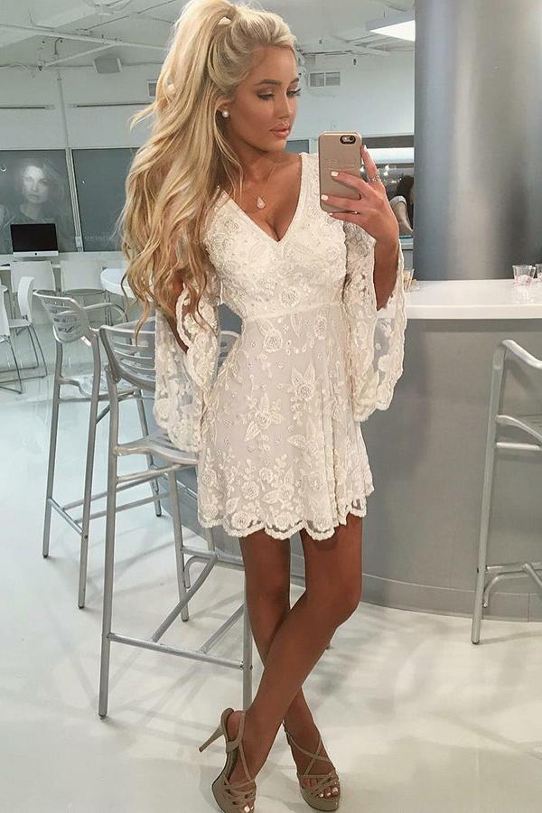 a line ivory lace beading short homecoming dress with long bell sleeves