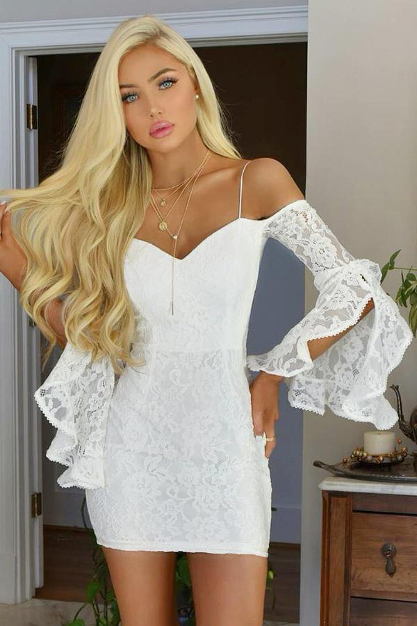 off shoulder white bodycon lace cocktail party dress with bell sleeves