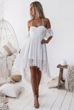 White Pleated Hollow Out High Low Homecoming Dress, Sweetheart Lace Short Prom Dress GM152