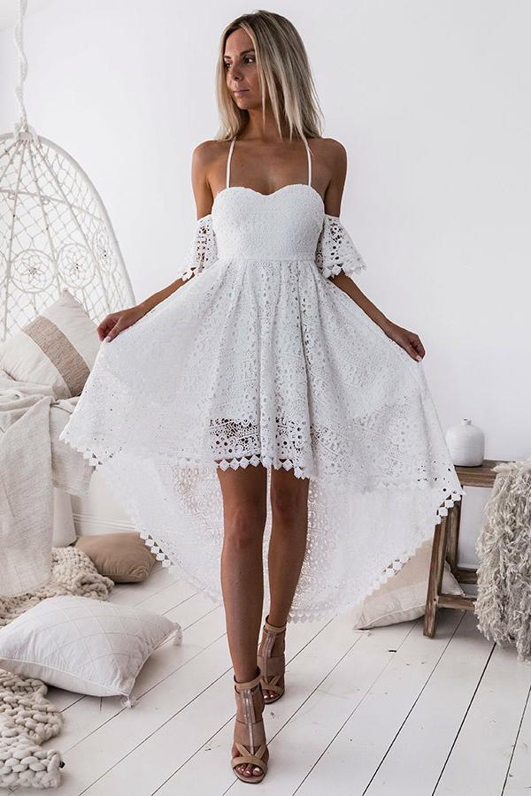 white pleated hollow out high low homecoming dress sweetheart lace short prom dress