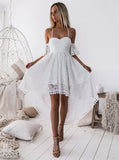 White Pleated Hollow Out High Low Homecoming Dress, Sweetheart Lace Short Prom Dress GM152