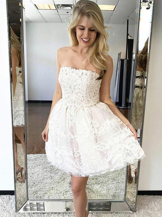 Charming Ivory Strapless Homecoming Dresses Lace Short Party Dress GM149