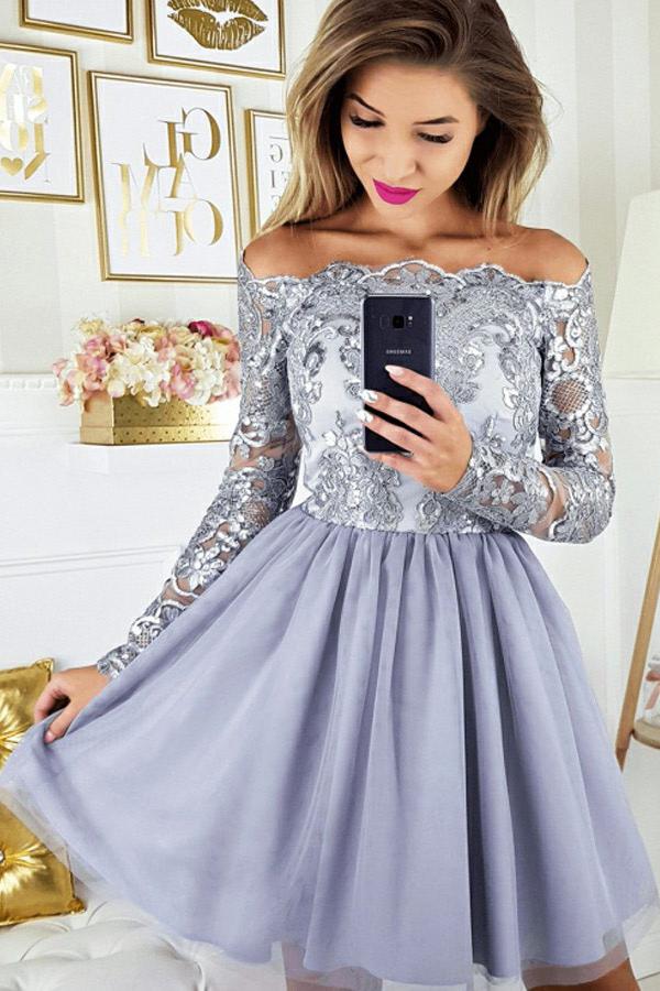 off shoulder long sleeves appliques tulle lavender homecoming dress