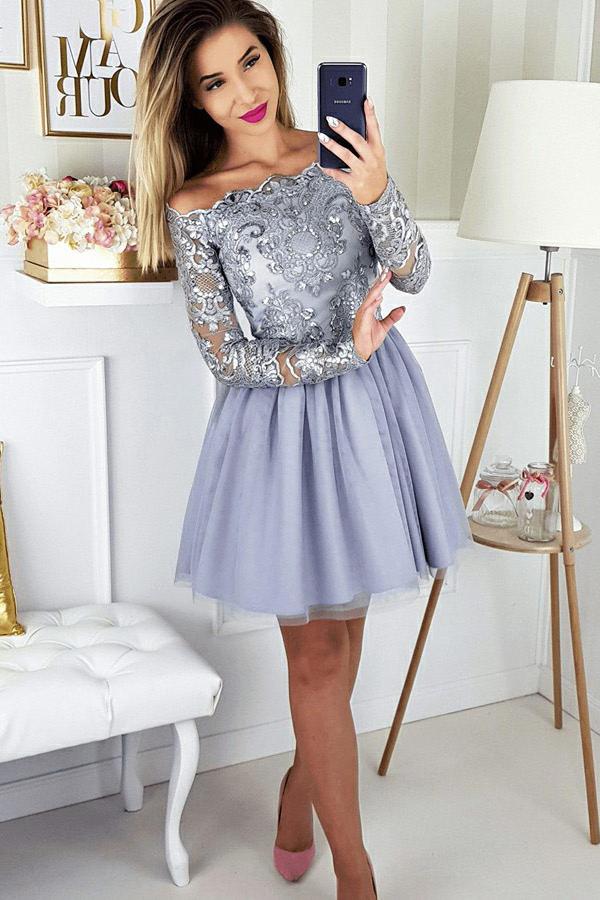 off shoulder long sleeves appliques tulle lavender homecoming dress