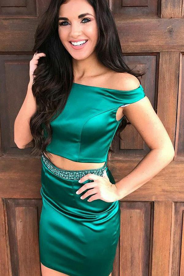 two piece dark green off shoulder sheath homecoming dress with beading