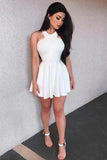A-line Halter Little White Dress Pleated Simple Homecoming Dress GM142