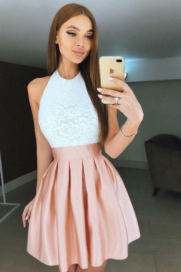 halter lace bodice satin backless homecoming dress pearl pink short prom dress