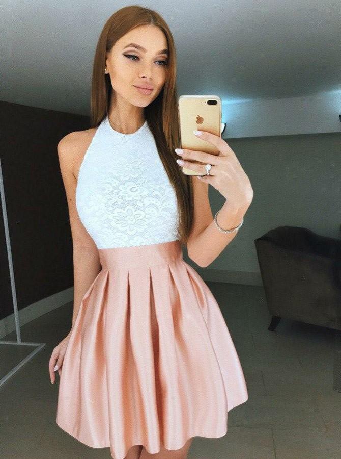 Halter Lace Bodice Satin Backless Homecoming Dress Pearl Pink Short Prom Dress GM132