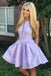 lilac printed satin short prom homecoming dress with pockets