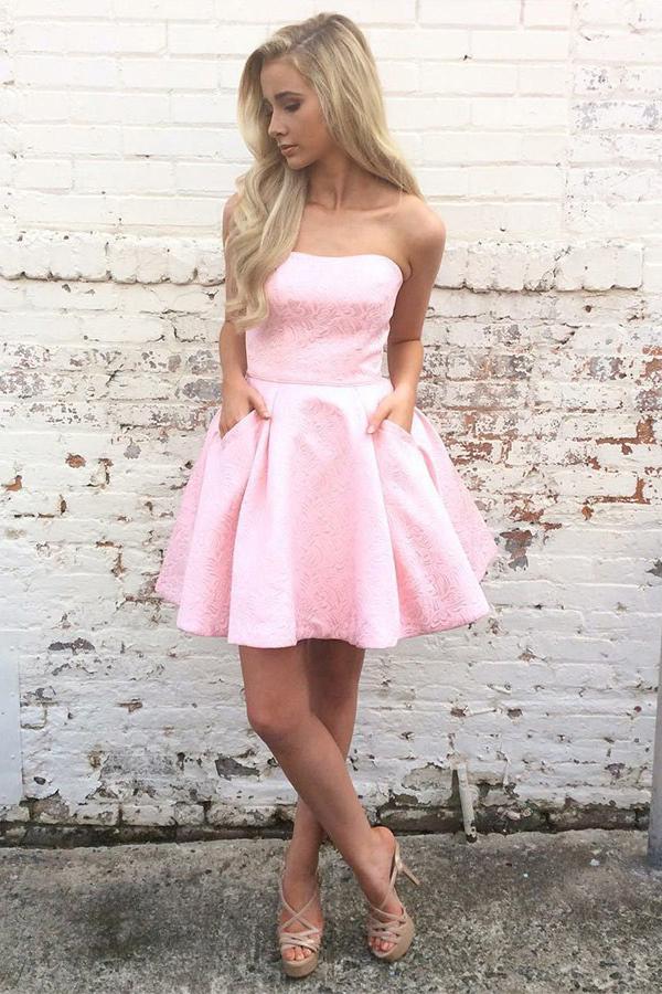 strapless pink short prom dresses homecoming dress with pockets