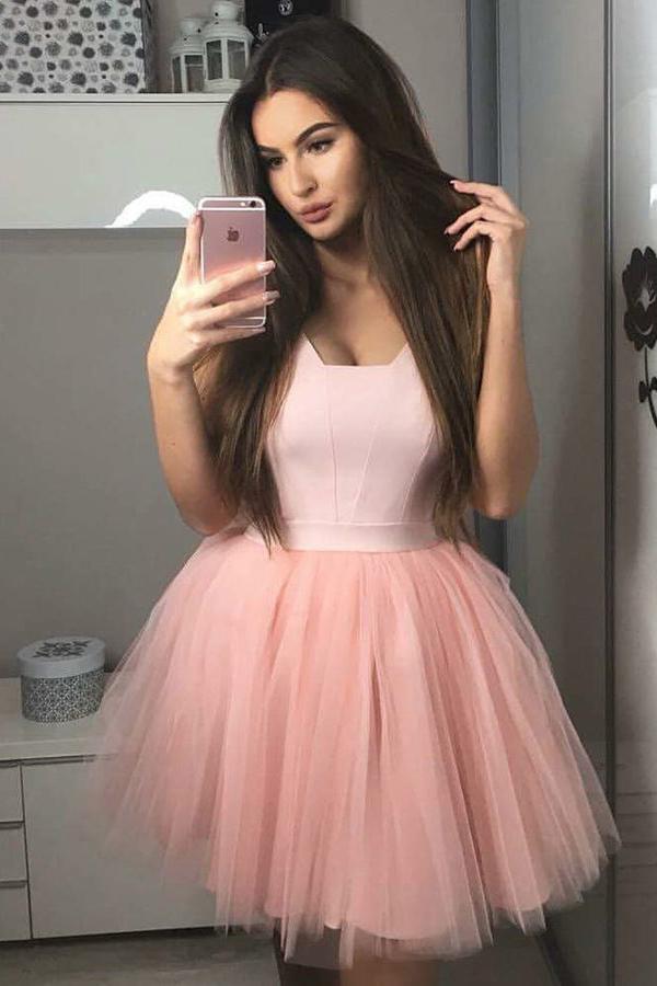 tulle blush pink satin bodice short homecoming dress with pleated skirt