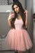 tulle blush pink satin bodice short homecoming dress with pleated skirt