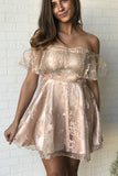 off the shoulder lace satin a line short homecoming party dress