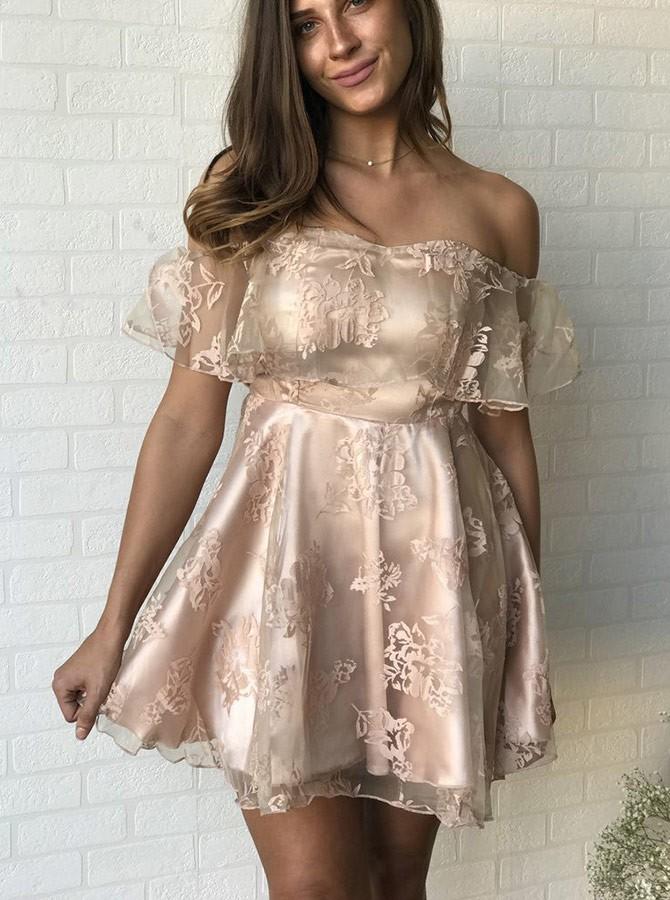 Off the Shoulder Lace Satin A-line Short Homecoming Party Dress GM121
