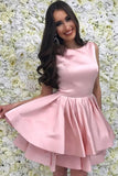 Jewel Pink Short Prom Dresses Satin Homecoming Dress With Tiered Skirt GM123