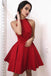 fit and flare high neck satin red short homecoming party dress