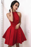Fit and Flare High Neck Satin Red Short Homecoming Party Dress GM124