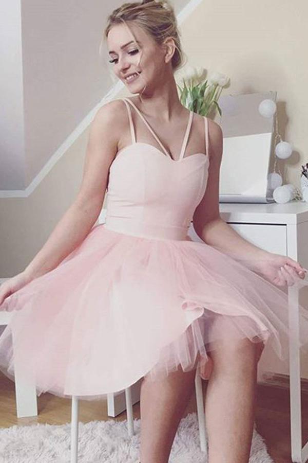 Charming Double Spaghetti Straps Blush Pink Tulle Short Homecoming Dress GM119