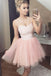 charming double spaghetti straps blush pink tulle short homecoming dress