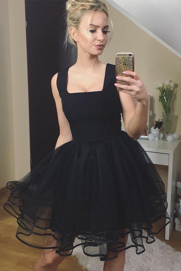 A-line Square Black Homecoming Dress Tulle Pleated Short Prom Dress GM120
