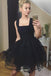 a line square black homecoming dress tulle pleated short prom dress