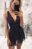 Sparkly V-neck Sequins Navy Blue Short Homecoming Party Dress GM116