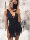 sparkly v neck sequins navy blue short homecoming party dress