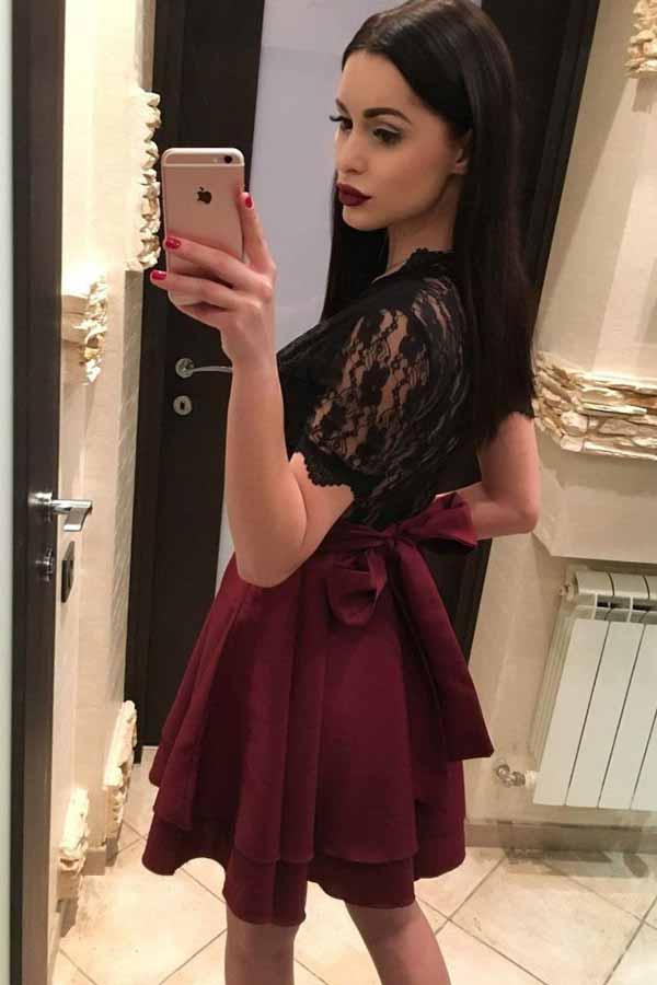 Short Sleeves Black Lace Homecoming Dresses, Burgundy Skirt Party Dress GM207